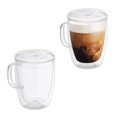 Image of Relaxdays Drinking, Set of 2, 500 ml, Double Walled with Handle &amp; Lid, Borosilicate Glass, Transparent
