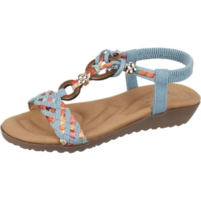 Image of Jo &amp; Joe Ladies Beaded T bar Low Wedge Sandals Marrakesh (Denim, UK Footwear Size System, Adult, Women, Numeric, Medium, 7)