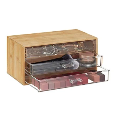 Image of Relaxdays Bamboo Makeup Organiser, 3 Transparent Drawers, Cosmetics, Jewellery, H x W D: 15 30 17.5 cm, Natural