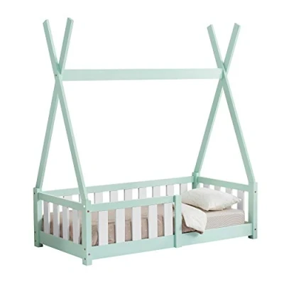 Image of [en.casa] Children&#039;s Bed with Security Frame Indian Tent for Kids Pinewood 140x70cm Mint Green Color