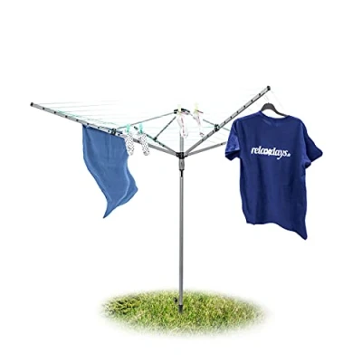 Image of Relaxdays Foldable Clothes Dryer Rack with Ground Spike 49 m Clothesline &amp; 2 Holding Brackets, Metal, Grey, 184 x 242 cm