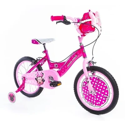Image of Huffy Minnie Mouse 16 Inch Girls Bike for Ages 5 7 Pink with Pretty Handbag Storage