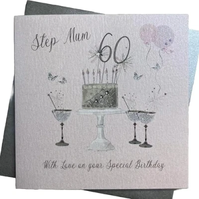 Image of Happy 60th Birthday Card Step Mum Champagne Glasses Pink Roses by White Cotton Cards SS42 SM60
