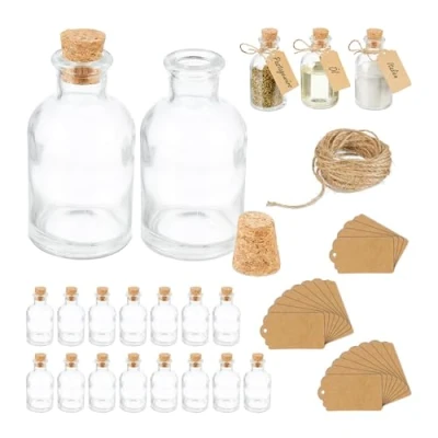 Image of Decorative Bottles, Set of 20, Glass Jars with Cork, 60 ml, for Filling, Spice Glasses, Transparent/Natural Relaxdays