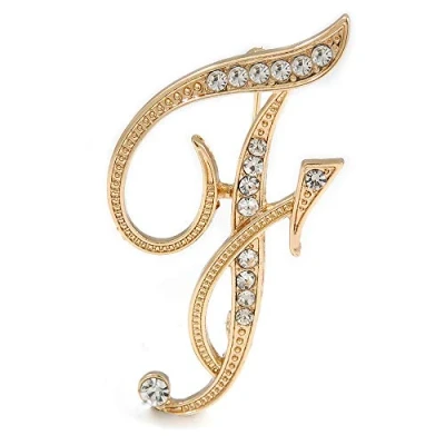 Image of &#039;F&#039; Gold Plated Clear Crystal Letter F Alphabet Initial Brooch Personalised Jewellery Gift 50mm Tall