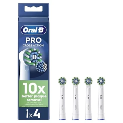 Image of Oral B Pro Cross Action Electric Toothbrush Head, X Shape and Angled Bristles for Deeper Plaque Removal, Pack of 4