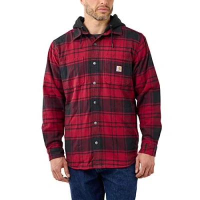 Image of Carhartt Men&#039;s Rugged Flex Relaxed Fit Flannel Fleece Lined Hooded Shirt Jac, Oxblood, Large