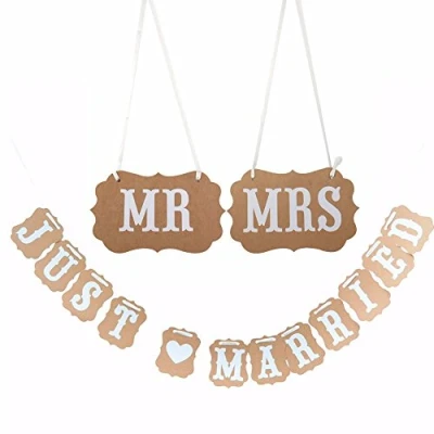 Image of Veewon Mr Mrs &amp; Just married Wedding Party Celebration Bunting Banner Hanging Garland Decoration Kraft Paper with Ribbon