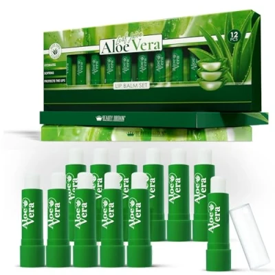Image of Set of 12 x Lip Balms Aloe Vera Long Lasting Moisturizing Care Unisex Full Size Display Box Beeswax Vitamin E Omega 3