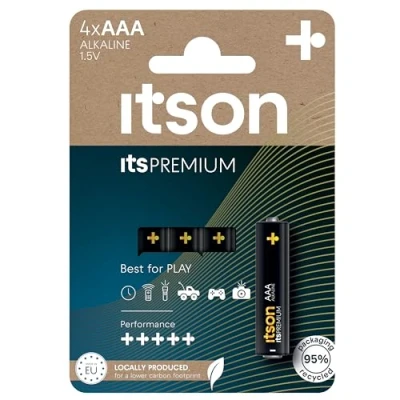 Image of ITSON, AAA batteries, PRO, pack of 4, eco friendly packaging 95 Percentage recycled materials, best for cameras, gaming controllers, made in EU