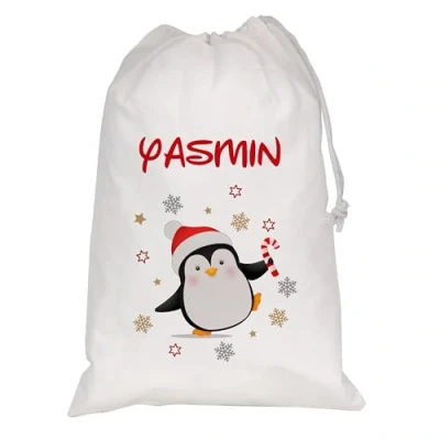 Image of Personalised Christmas Sack Xmas Santa Reindeer White Custom Name Gift Bag for Kids &amp; Adults Festive Large Reusable Holiday Present (Penguin)