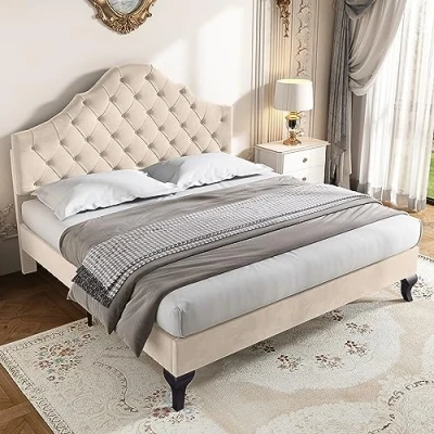 Image of ModernLuxe Double Bed Frame with Slatted and Height adjustable Headboard, Wooden Slat Support, Easy Assembly, Upholstered for Adults &amp; Teenagers, Velvet, Beige, 135x190cm