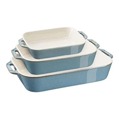 Image of Staub Ceramique Oven Dish Set Ceramic Cookware 3 Piece Rectangular Antique Turquoise