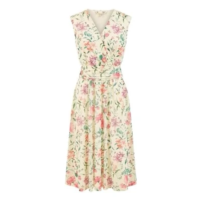 Image of Yumi Womens Ivory Floral Print Mesh Stretch Midi Dress With Pockets Size 8 UK