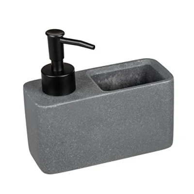 Image of WENKO Resa washing up liquid dispenser, kitchen soap dispenser in stone look with practical sponge compartment, including dishwashing sponge, refillable, approx. 150 ml, 14.5 x 14.3 6 cm, dark grey