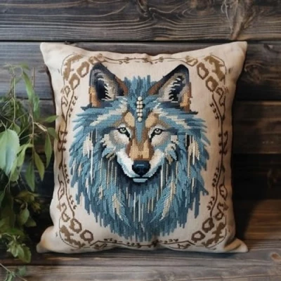 Image of DIY Latch Hook Pillow Kit Wolf Animal Carpet Cushion Pillowcase Craft Kit,Latch Kits Embroidery for Adults and Beginners 17x17in
