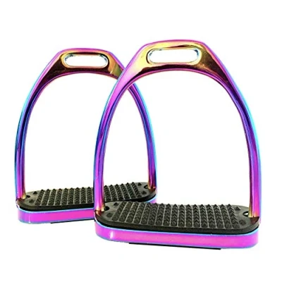 Image of ExtremE Rainbow GLOSS Fillis STIRRUPS Horse Riding S/Steel With Black Treads 4&quot; 10cm (Rainbow, 4 Inches)