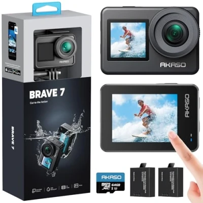 Image of AKASO Brave 7 Action Camera with 64GB microSDXC Memory Card IPX8 Waterproof Underwater Native 4K 20MP WiFi Cam Touch Screen EIS 2.0 Zoom Support External Mic Voice Control Vlog