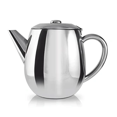 Image of Café Olé EHT 012 Ole Everyday Economy Ware 18/10 Stainless Steel Tea Pot with Hinged Lid, 12oz, Silver