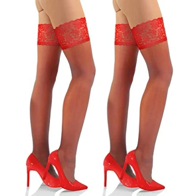 Image of Sesto Senso 2 Pack Women&#039;s Hold Ups Stockings Sexy Lace Top 15 Denier 3XL 4XL Red