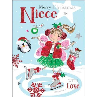 Image of Niece Christmas Card Ice Skating Girl and Penguin Contemporary Festive Design Special Finishes Illustrated Insert Leaf Made in the UK