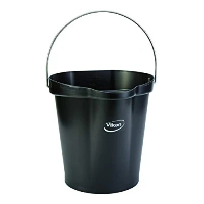 Image of Vikan 56869 Durable Polypropylene Hygiene Bucket/Pail, Stainless Steel Handle, 12 Litre, Black