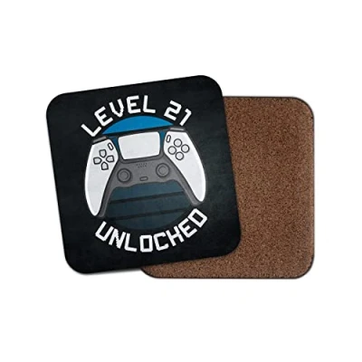 Image of Square Single Coaster Happy Birthday Level 21 Unlocked Gamer Gaming Controller Twenty one 21st Teen Boys Men Gift #77814