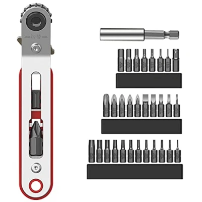 Image of Mini Ratchet Screwdriver Set Magnetic Offset 1/4 Inch Hex Bit Drive Wrench with 33 Pcs