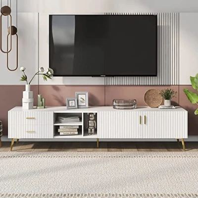 Image of ModernLuxe TV Stand Cabinet for 75 inch TV, 2 Pull out Drawers, Closed Cabinets and 3 Open Storage Compartments, Lowboards, Units Living Room, Modern Entertainment Center, 180x35x41cm, White