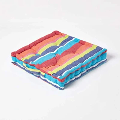 Image of HOMESCAPES Multi coloured Stripe Floor Cushion 100% Cotton 40 x 8 cm Square Indoor Outdoor Arm Chair Booster Garden Seat Pad