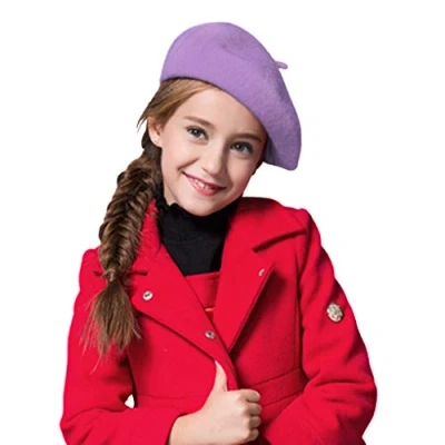Image of Kids Wool Blend French Beret Hat Girls Boys Artist Classic Fashion Solid Warm Winter Autumn Beanie Cap Purple