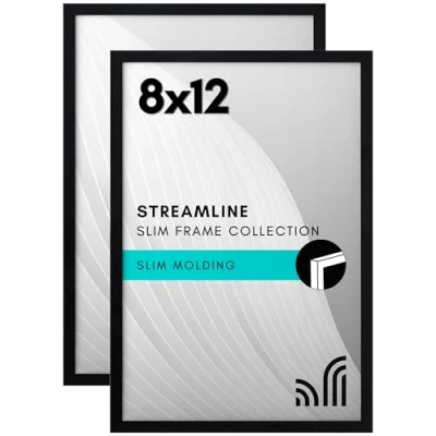 Image of Americanflat 12x8 Photo Frame in Black with Shatter Resistant Glass Set of 2 Thin for Wall and Tabletop Display Hanging Hardware Easel Back Included