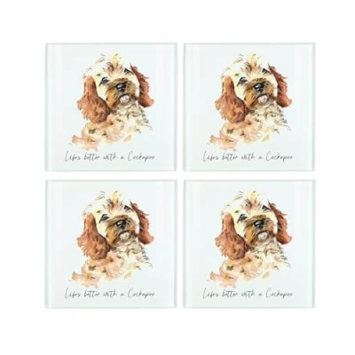 Image of Cockapoo Coaster Set Life&#039;s Better With a Dog Gift Square Glass of Four (4) Coasters