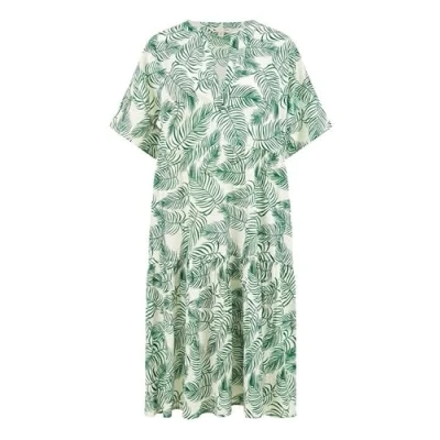 Image of Yumi Womens Green Organic Cotton Palm Print Tiered Tunic Dress Size 14 UK