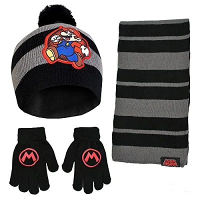 Image of Nintendo Boys Winter Hat, Scarf, and Kids Gloves, Super Mario Baby Beanie 4 7 Cold Weather, Black/Grey, Years