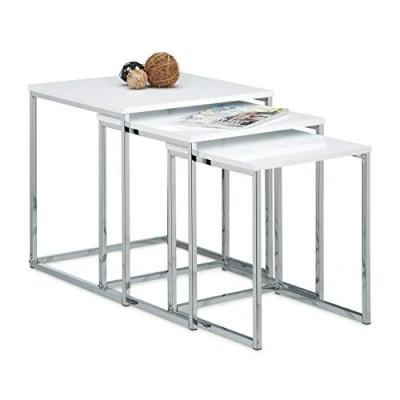 Image of Relaxdays Set of 3 Nesting Tables, Size: 42 x 40 cm Coffee Wood and Metal, White