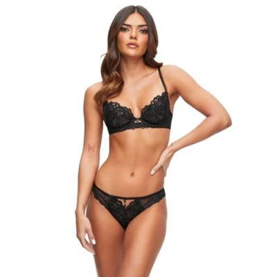 Image of Ann Summers Valentines The Icon Lace Non Padded Bra for Women with Jewel Charm, Underwire Bra, Unpadded Plunge Lace, Matching Underwear Set Black