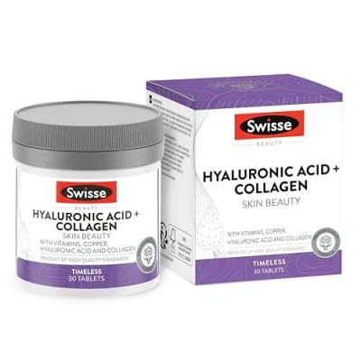 Image of SWISSE Hyaluronic Acid and Collagen Supplements for Women &amp; Men with Vitamin C E, Copper, 30 Tablets Protection from Oxidative Stress Wrinkle Reducing Supplement Made in Italy