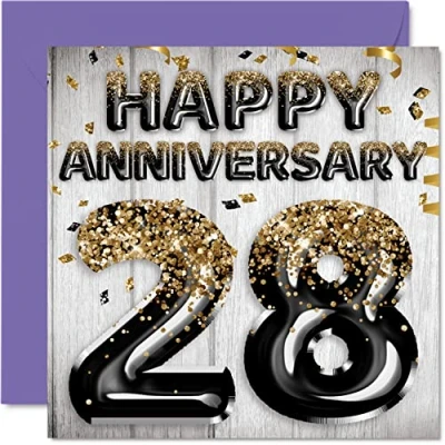 Image of Awesome 28th Anniversary Card for Husband Boyfriend Wife Girlfriend Black Gold Glitter Balloons Happy 28 Cards from Family, 145mm x Greeting Twenty Eighth Anniversaries