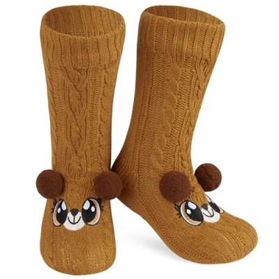 Image of CityComfort Fluffy Socks for Women Teenagers Sherpa Lined Animal Slipper with Non Slip Grip Pads One Size Gifts (Brown Bear)