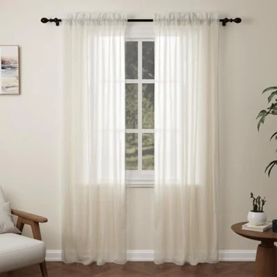 Image of Pacok Beige Voile Curtains, 90 Drop 2 Panels Net Curtain for Windows, Rod Pocket Sheer Panel Curtains Living Room Kitcken Bedroom W56xL90 Inch(Beige, 142 x 228cm)
