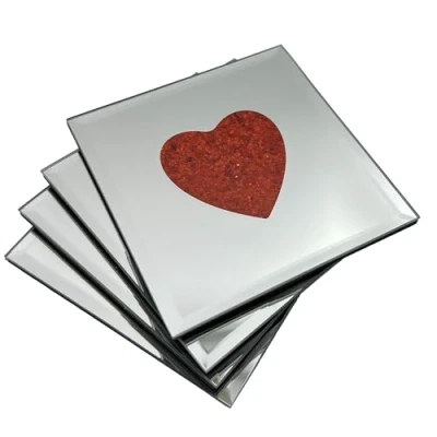 Image of Angraves Lustre Love Heart Red Sparkle Glitter Mirrored Glass Coaster Set of 4