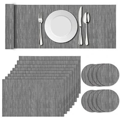 Image of 17Pcs Light Grey Placemats Table Mats Set, 8 Placemats, Coasters,1 Long Mat Washable Heat Anti Slip Resistant Place and Coaster Sets for Home,Restaurant,Outdoor Dining