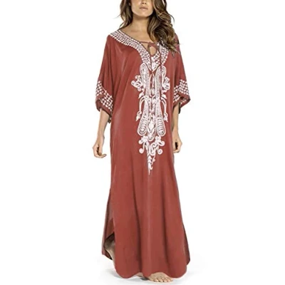 Image of YouKD Summer Cotton Embroidered Floral Loose Caftan Boho Beach Bikini Cover Up Dress Plus Size Robe for Women