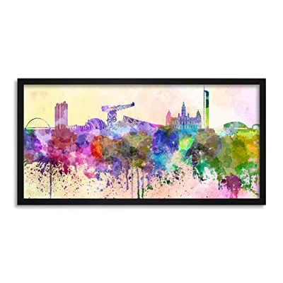 Image of Wee Blue Coo Glasgow Skyline Paint Splash Cityscape Long Panel Framed Wall Art Print