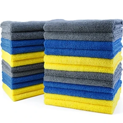 Image of POLYTE Microfiber Cleaning Towel Ultrasonic Cut Edgeless (16x16, 24 Pack, Premium, Blue,Gray,Yellow)