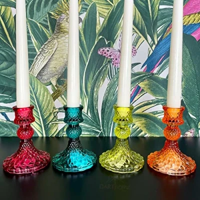 Image of Darthome Ltd Set Of 4 Coloured Jewel Glass Candlestick Holders Church Candle Table Decor, Blue, Green, Orange, Pink