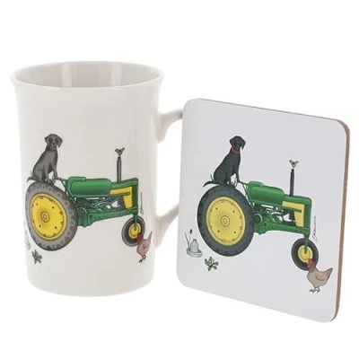 Image of Joe Davies Mug and Coaster Gift Set Green Tractor Black Lab Emma Lawrence Design Artistic Farming Themed for Him/Her