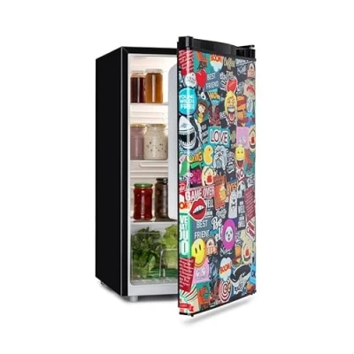 Image of Klarstein Cool Vibe Refrigerator 90 litres Under Counter Fridge Cooler, Energy Rating E, Door with Manga Comic Design Print, Extra Crisper Compartment, Black