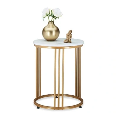 Image of Relaxdays Side Table, Round, Marble Optic, H x W D: 51 41 cm, White/Gold